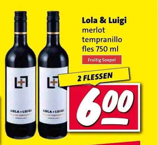 Lola & Luigi merlot tempranillo fles 750 ml Fruitig Soepel 2 flessen