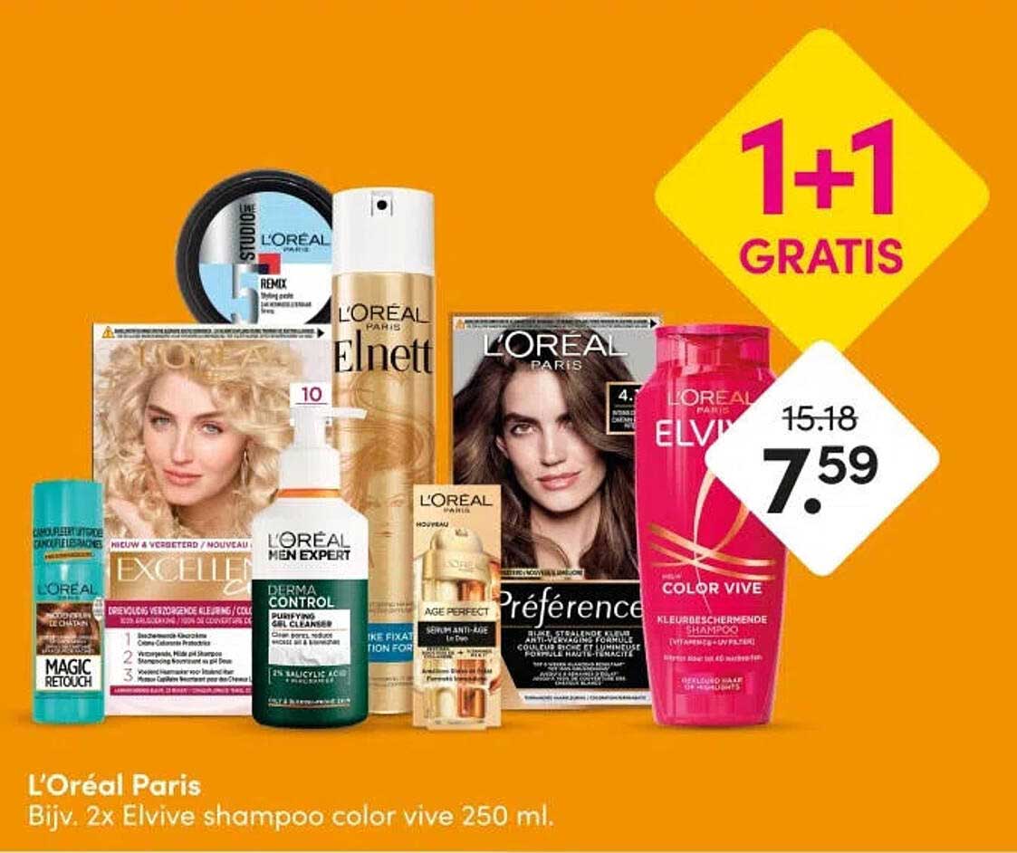 L'Oréal Paris Bijv. 2x Elvive shampoo color vive 250 ml. 1+1 GRATIS