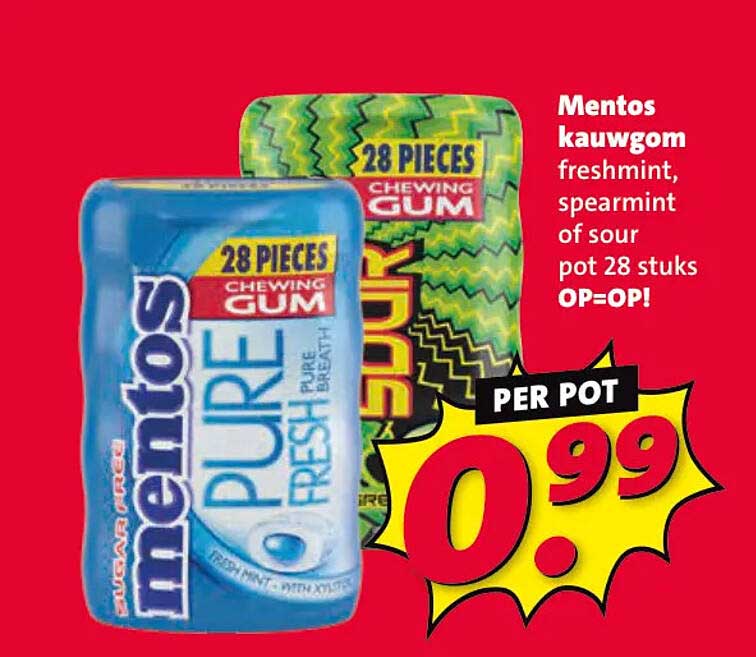 Mentos kauwgom freshmint, spearmint of sour pot 28 stuks OP=OP!