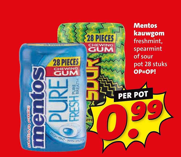 Mentos kauwgom freshmint, spearmint of sour pot 28 stuks OP=OP!