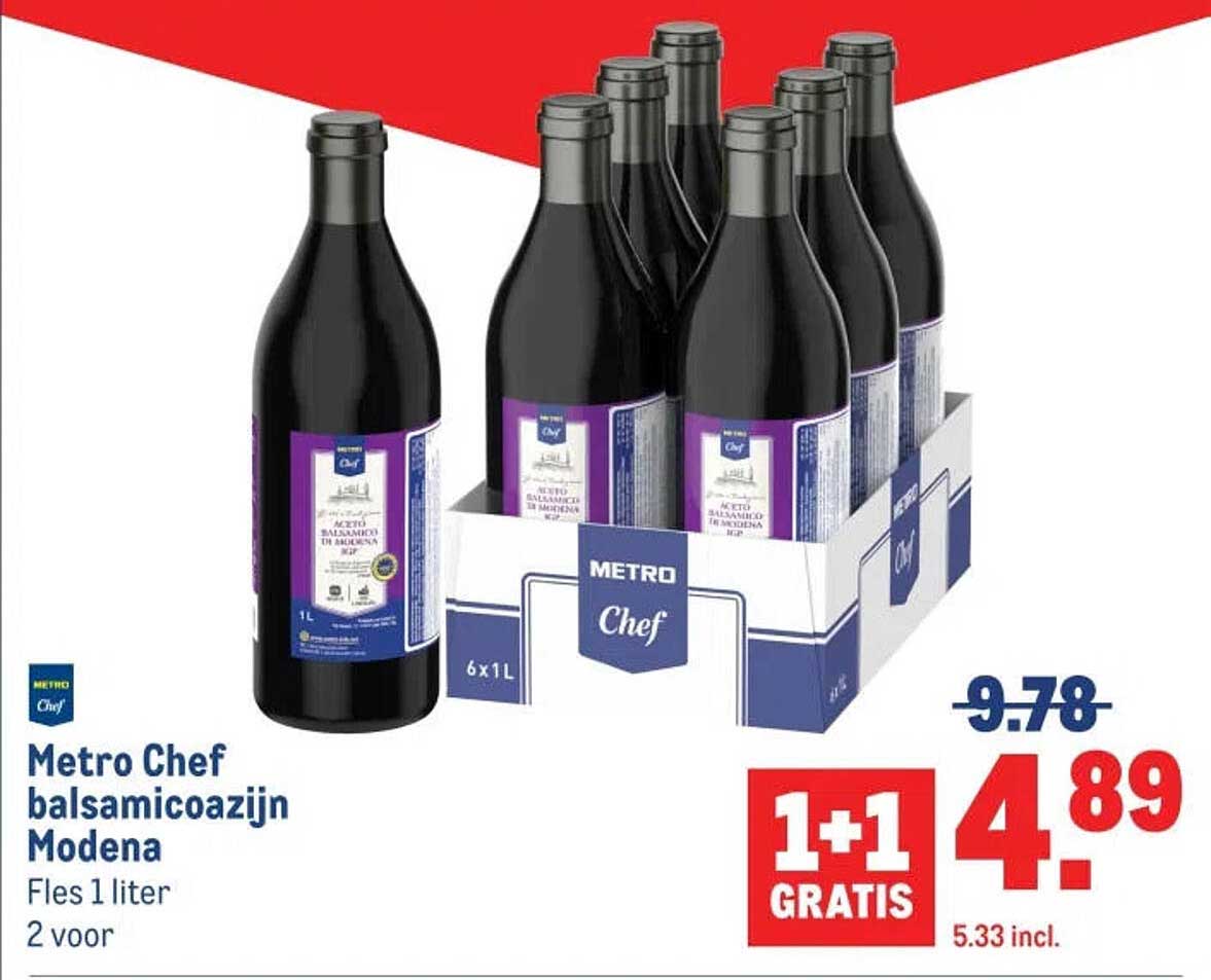 Metro Chef balsamicoazijn Modena Fles 1 liter 2 voor 1+1 GRATIS