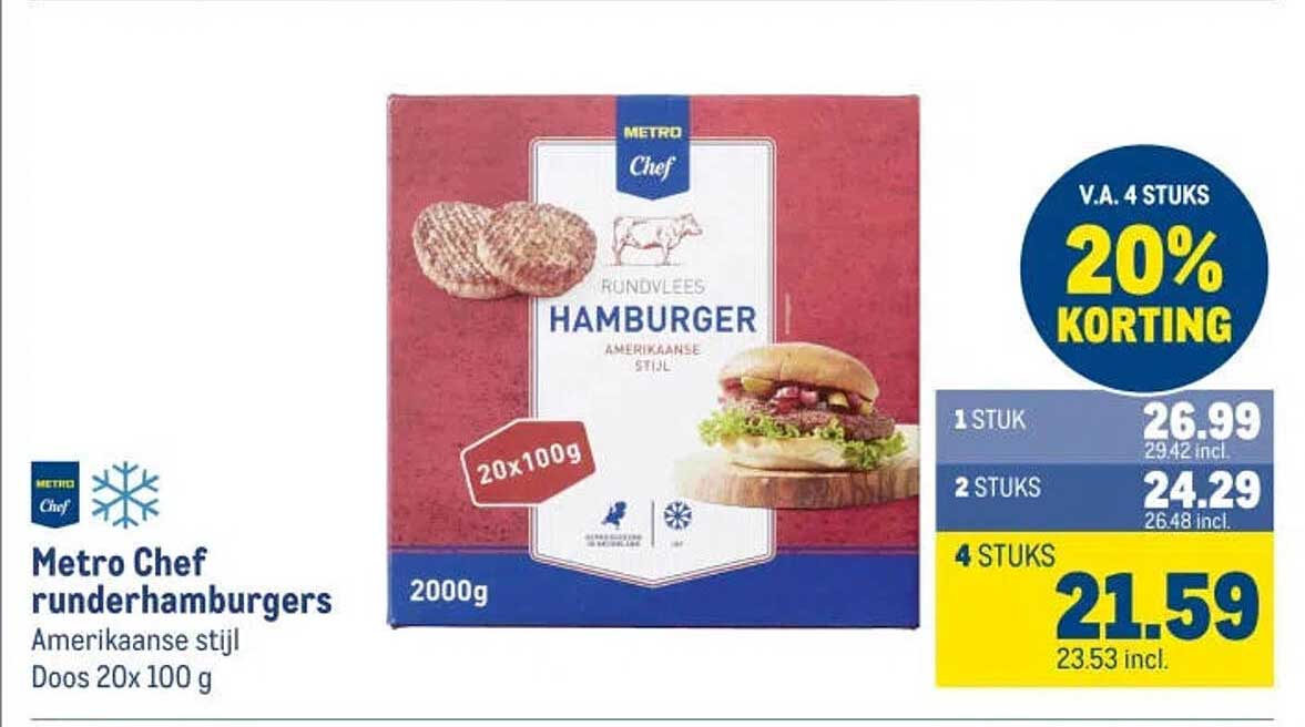 Metro Chef runderhamburgers Amerikaanse stijl Doos 20x 100 g 20% korting