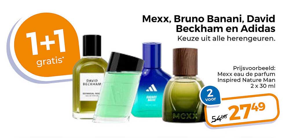 Mexx, Bruno Banani, David Beckham en Adidas 1+1 gratis