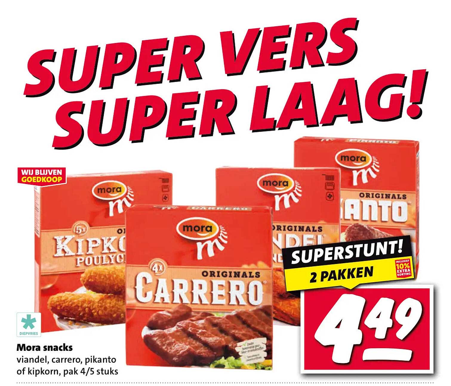 Mora snacks viandel, carrero, pikanto of kipkorn, pak 4/5 stuks SUPERSTUNT! 2 PAKKEN