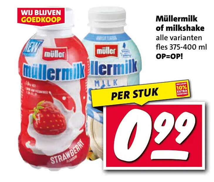 Müllermilk of milkshake alle varianten fles 375-400 ml OP=OP!
