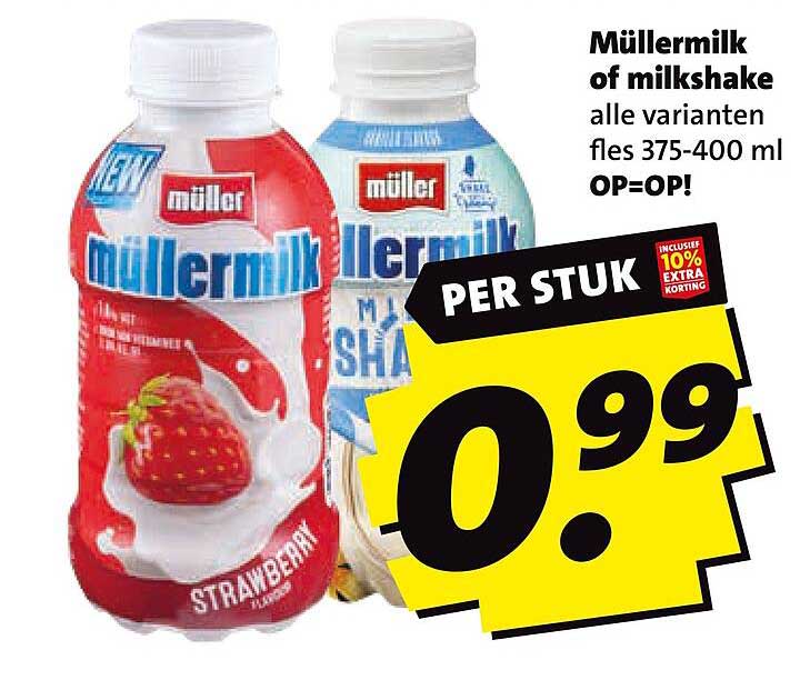 Müllermilk of milkshake alle varianten fles 375-400 ml OP=OP!