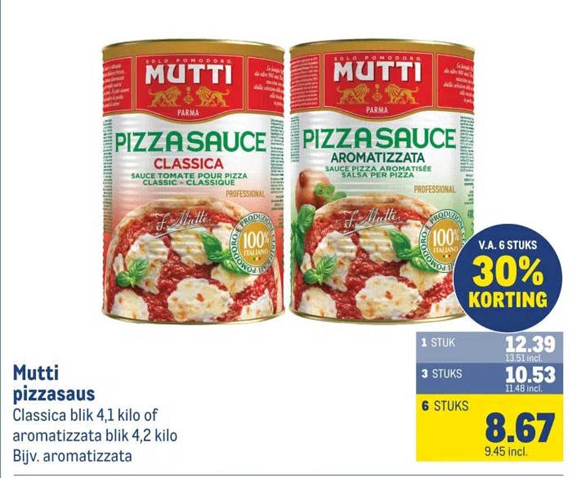 Mutti pizzasaus Classica blik 4,1 kilo of aromatizzata blik 4,2 kilo Bijv. aromatizzata