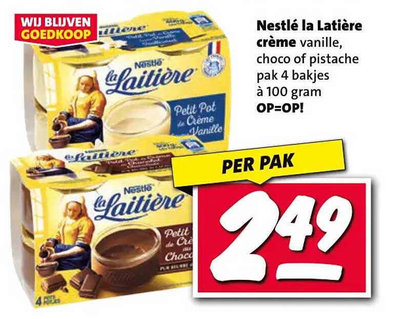 Nestlé la Laitière crème vanille, choco of pistache pak 4 bakjes à 100 gram OP=OP!