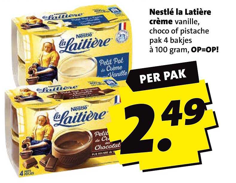 Nestlé la Latière crème vanille, choco of pistache pak 4 bakjes à 100 gram, OP=OP! PER PAK