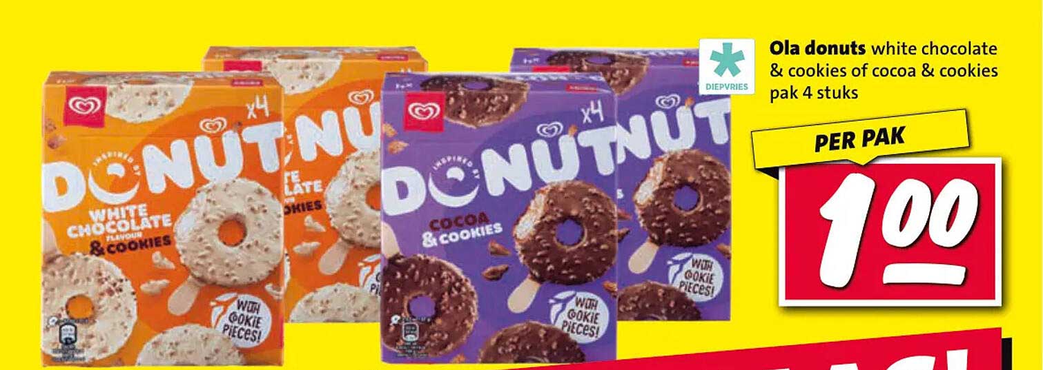 Ola donuts white chocolate & cookies of cocoa & cookies pak 4 stuks