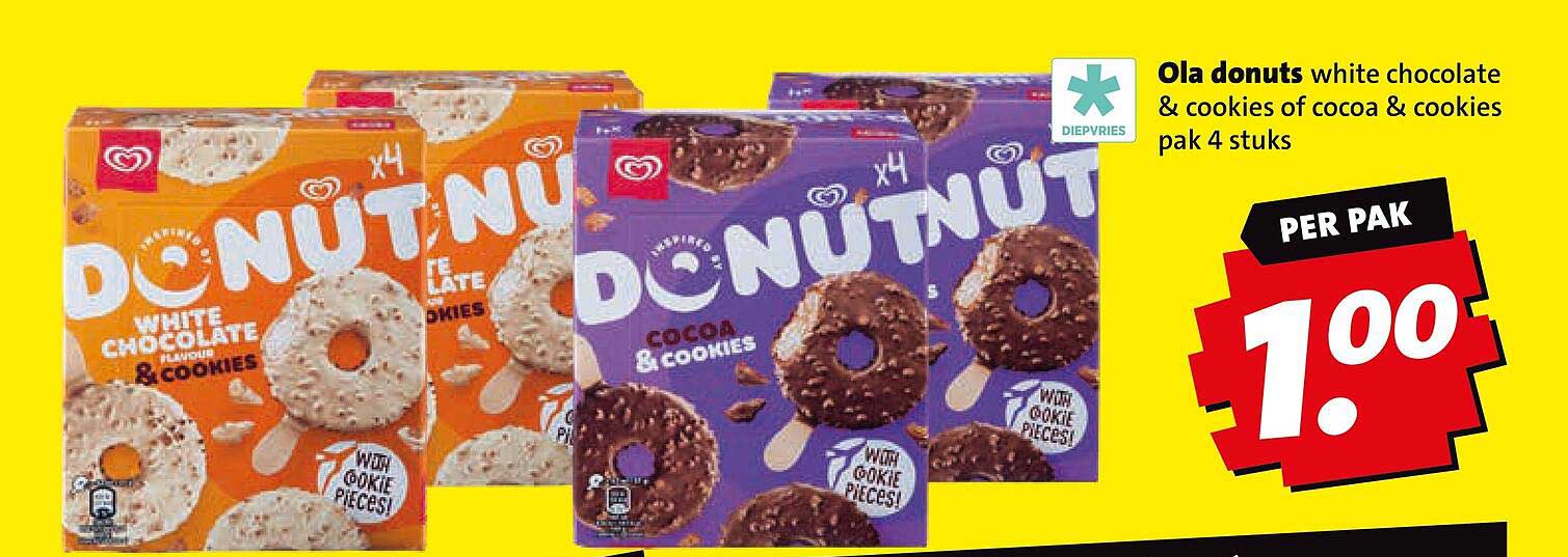Ola donuts white chocolate & cookies of cocoa & cookies pak 4 stuks