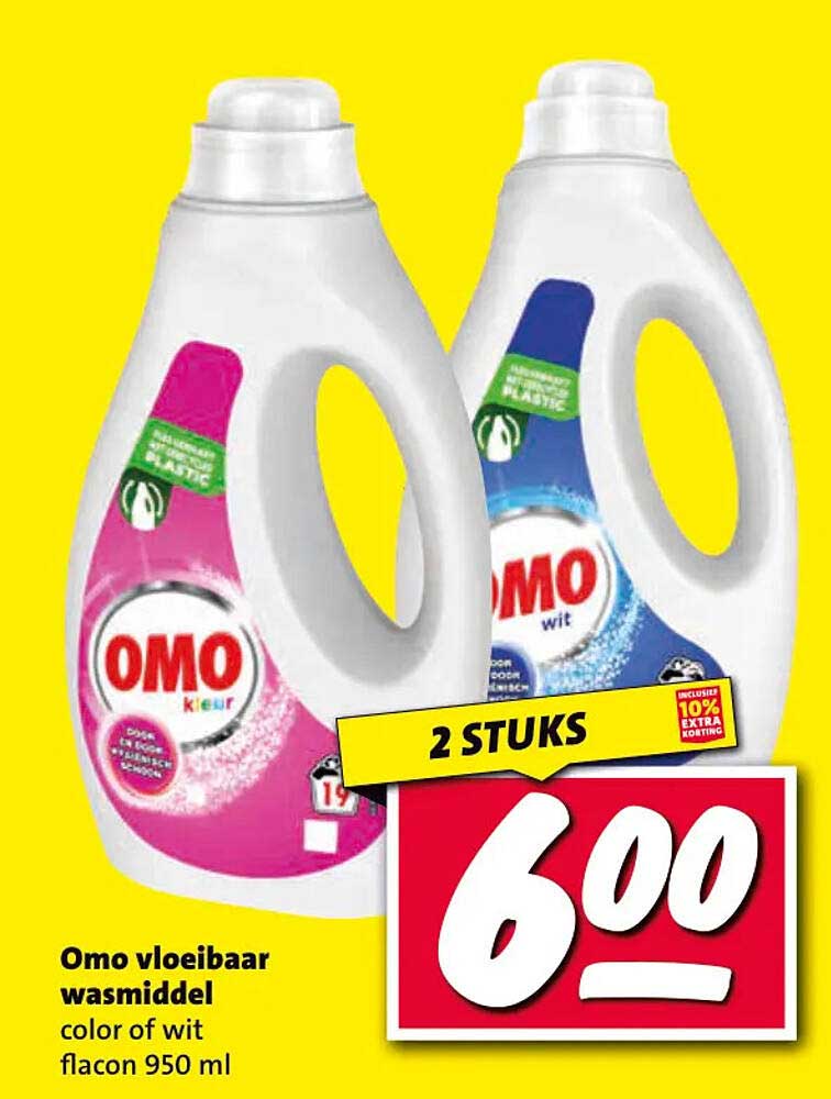 Omo vloeibaar wasmiddel color of wit flacon 950 ml 2 STUKS