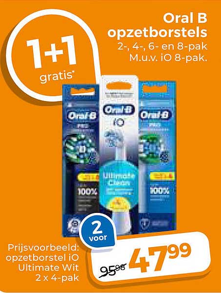 Oral B opzetborstels 2-, 4-, 6- en 8-pak M.u.v. iO 8-pak 1+1 gratis