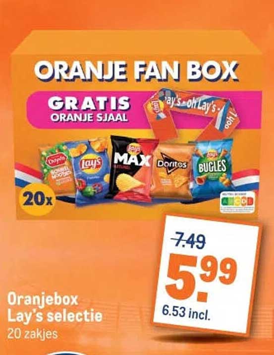 Oranjebox Lay's selectie 20 zakjes GRATIS ORANJE SJAAL