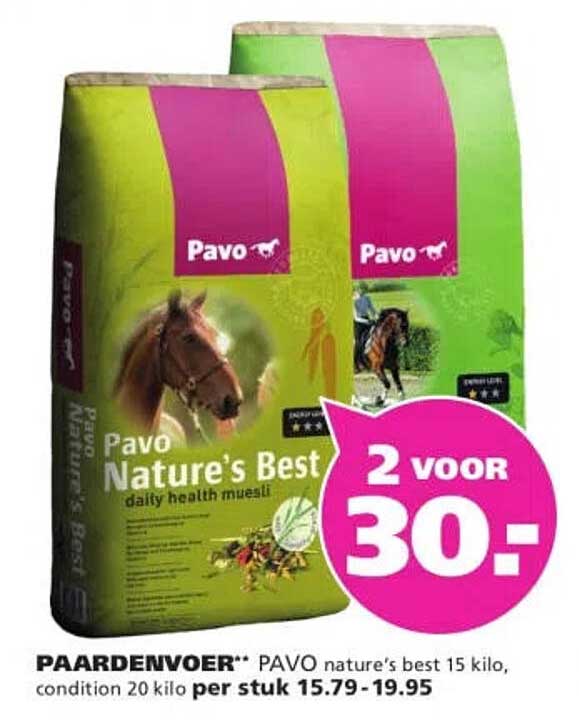 PAARDENVOER PAVO nature’s best 15 kilo, condition 20 kilo per stuk 15.79-19.95 2 voor 30,-