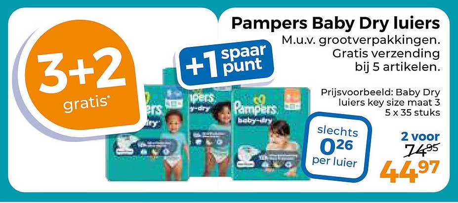 Pampers Baby Dry luiers +1 spaarpunt 3+2 gratis