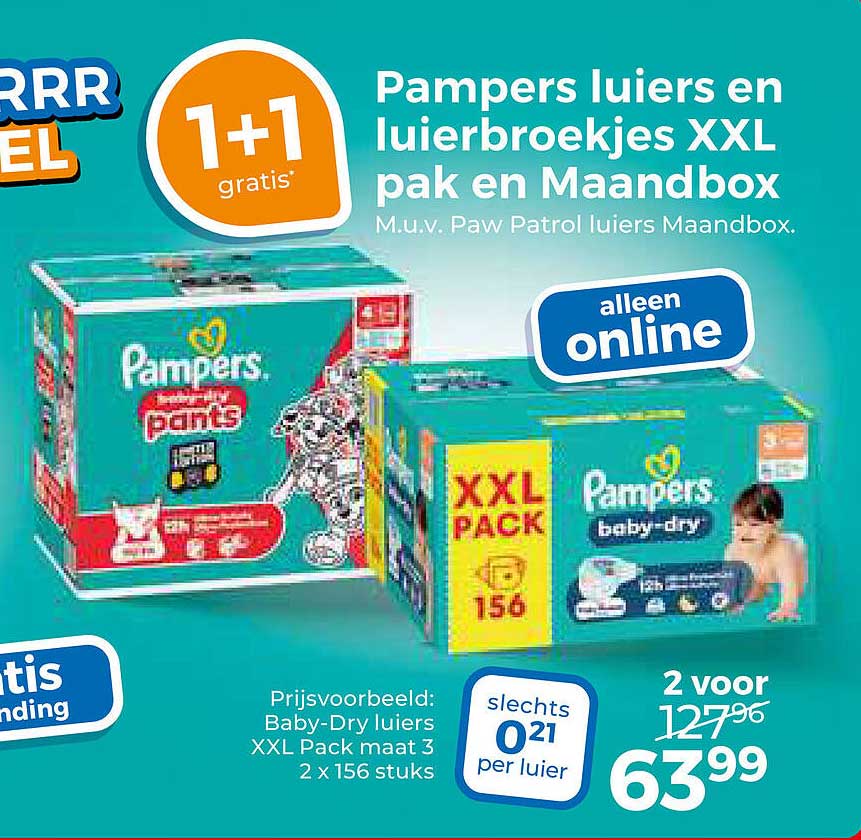 Pampers Luiers en luierbroekjes XXL pak en Maandbox 1+1 gratis
