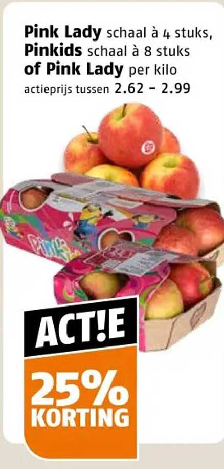 Pink Lady schaal à 4 stuks, Pinkids schaal à 8 stuks of Pink Lady per kilo 25% KORTING