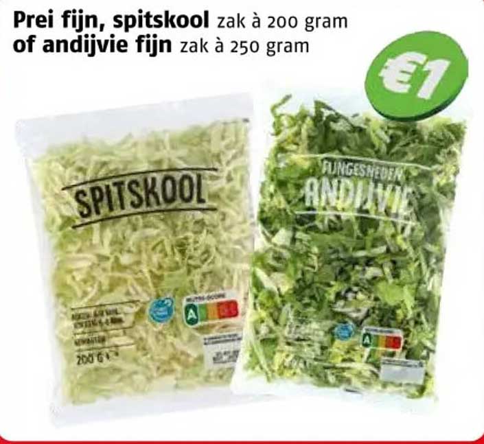 Prei fijn, spitskool zak à 200 gram of andijvie fijn zak à 250 gram