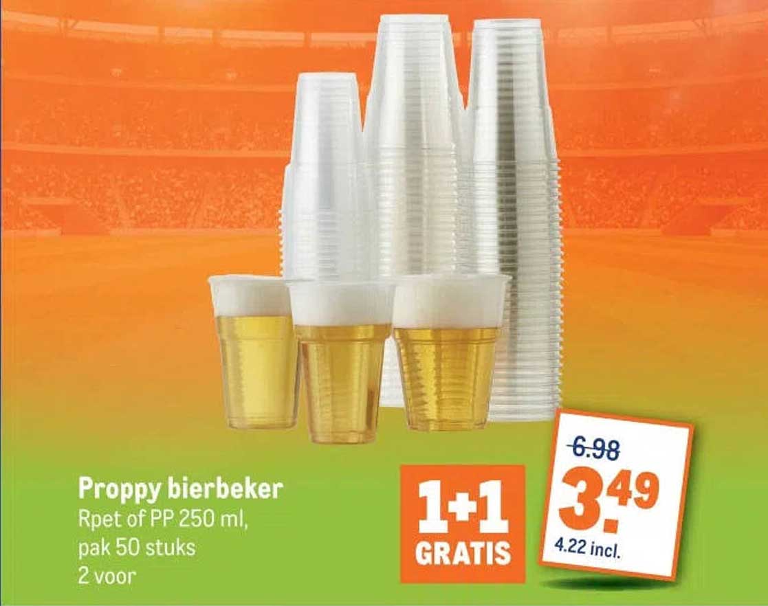 Proppy bierbeker Rpet of PP 250 ml, pak 50 stuks 2 voor 1+1 GRATIS