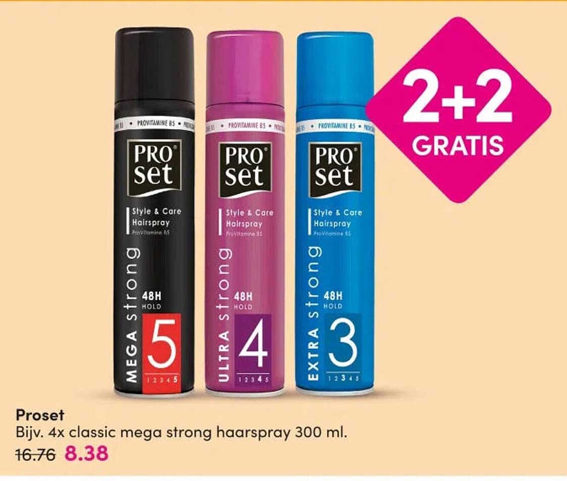 Proset Bijv. 4x classic mega strong haarspray 300 ml. 2+2 gratis