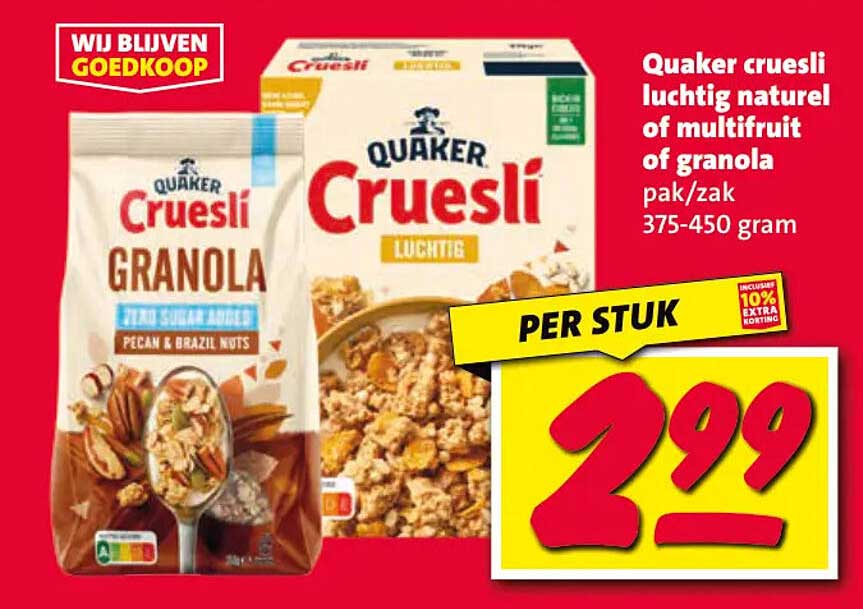 Quaker cruesli luchtig naturel of multifruit of granola pak/zak 375-450 gram