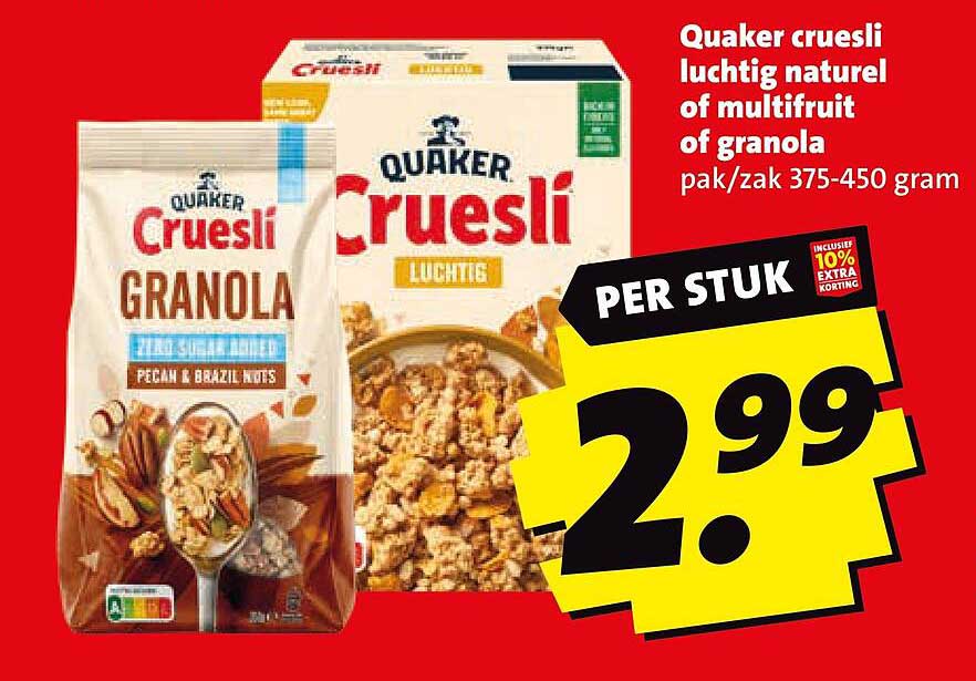Quaker cruesli luchtig naturel of multifruit of granola pak/zak 375-450 gram
