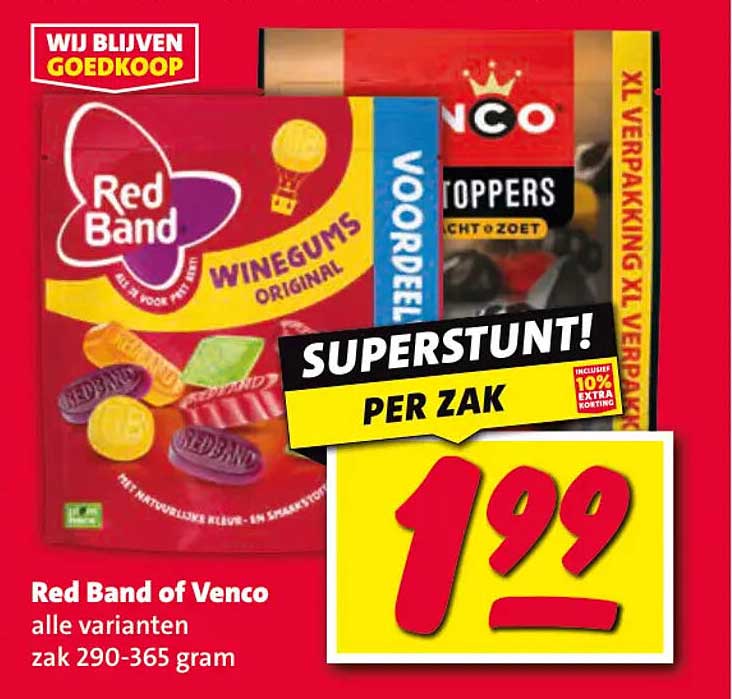 Red Band of Venco alle varianten zak 290-365 gram SUPERSTUNT! PER ZAK