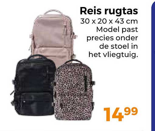Reis rugtas 30 x 20 x 43 cm Model past precies onder de stoel in het vliegtuig.