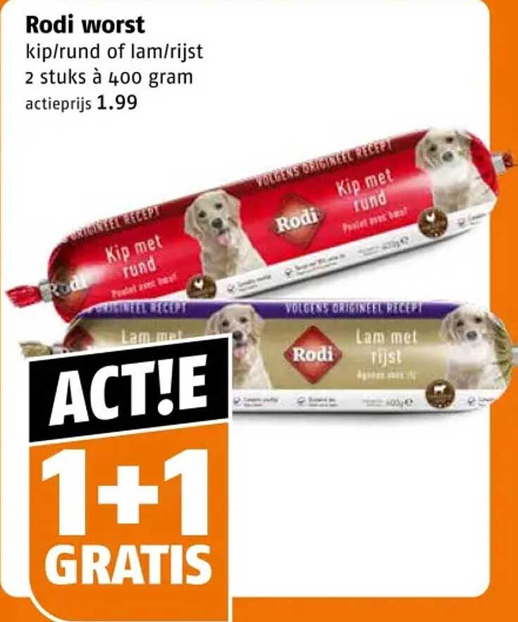 Rodi worst kip/rund of lam/rijst 2 stuks à 400 gram 1+1 gratis