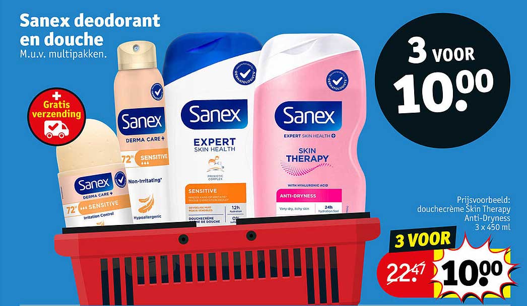 Sanex deodorant en douche M.u.v. multipakken. 3 voor 10.00