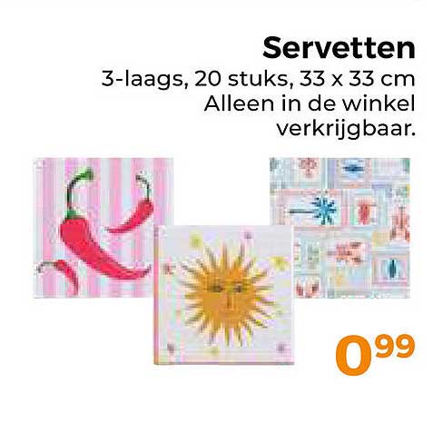 Servetten 3-laags, 20 stuks, 33 x 33 cm Alleen in de winkel verkrijgbaar.