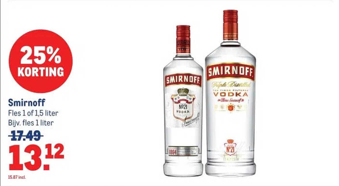 Smirnoff Fles 1 of 1,5 liter Bijv. fles 1 liter 25% KORTING