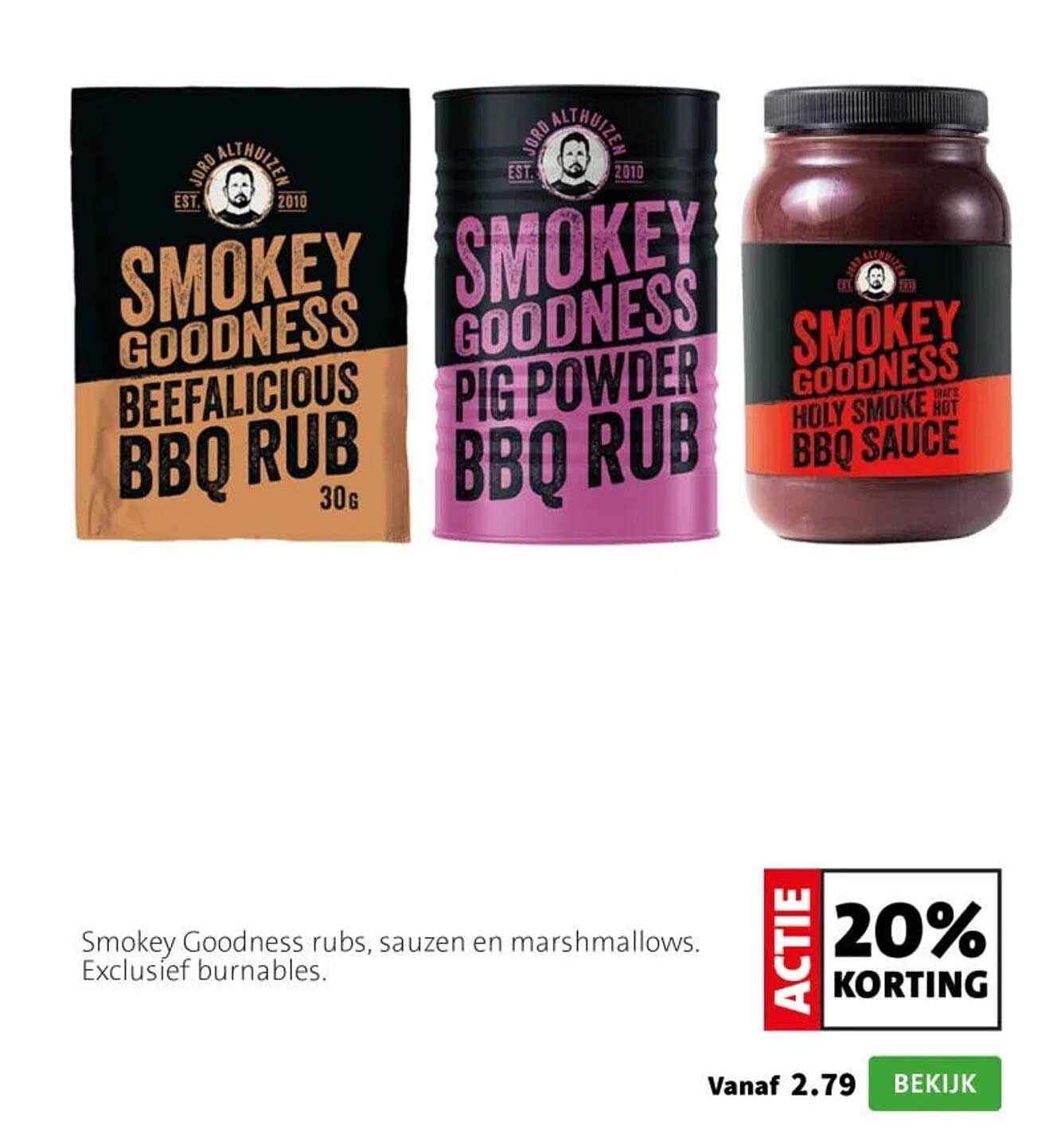 Smokey Goodness rubs, sauzen en marshmallows. Exclusief burnables. ACTIE 20% KORTING
