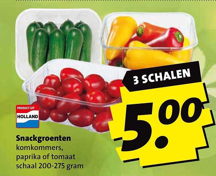 Snackgroenten komkommers, paprika of tomaat schaal 200-275 gram 3 schalen