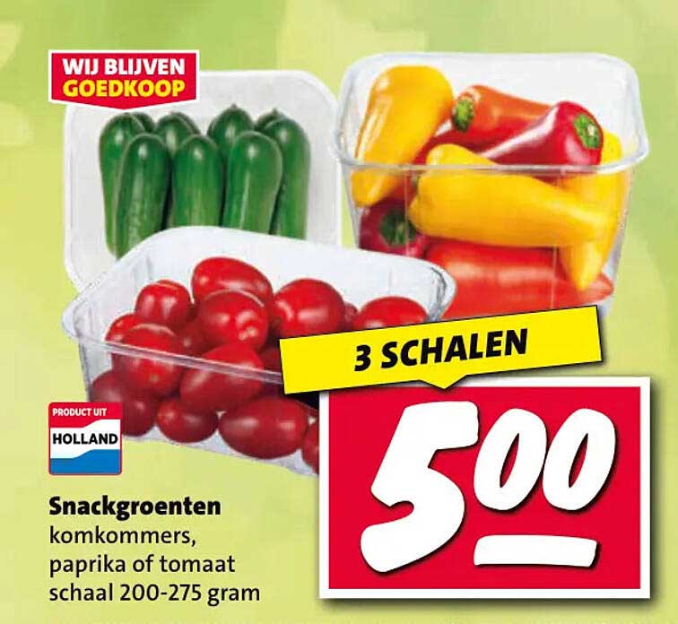 Snackgroenten komkommers, paprika of tomaat schaal 200-275 gram 3 schalen