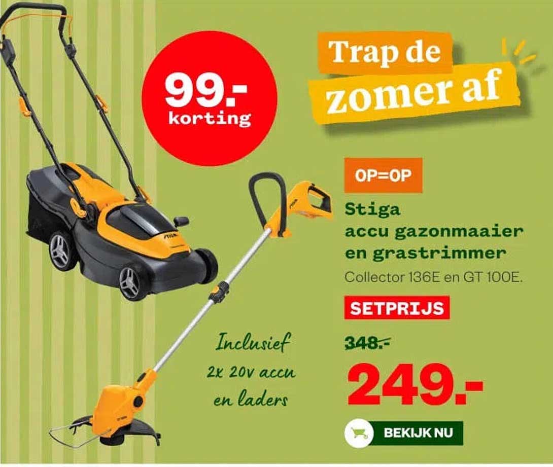 Stiga accu gazonmaaier en grastrimmer Collector 136E en GT 100E. Inclusief 2x 20v accu en laders OP=OP