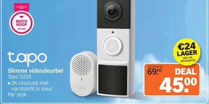 tapo Slimme videodeurbel Tapo D210 - 2K-resolutie met nachtzicht in kleur Per stuk