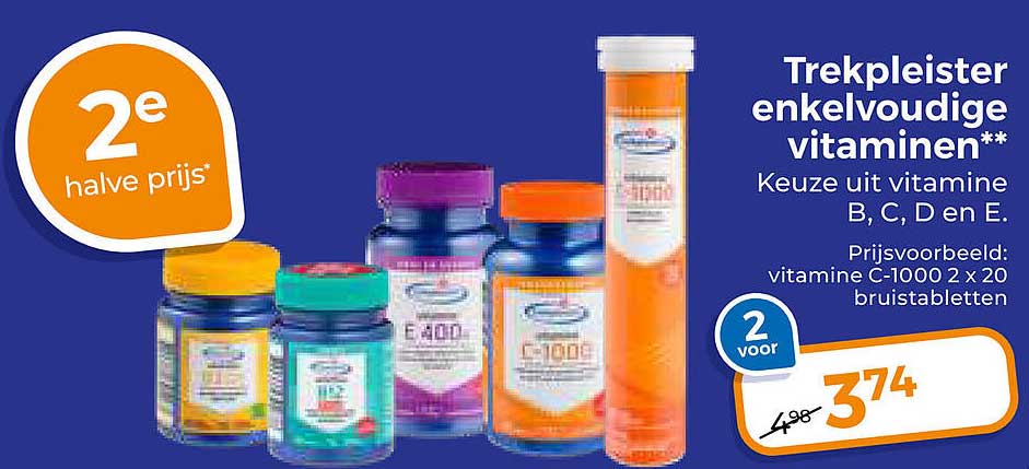 Trekpleister enkelvoudige vitaminen** Keuze uit vitamine B, C, D en E. 2e halve prijs