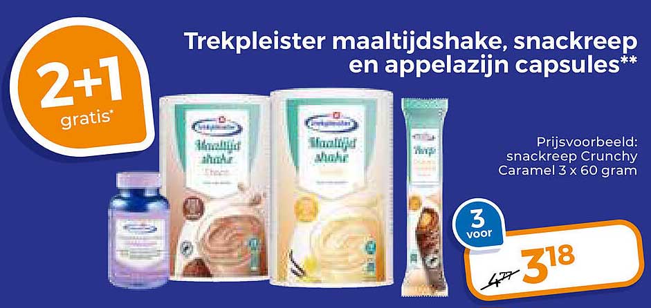 Trekpleister maaltijdshake, snackreep en applezijn capsules** 2+1 gratis