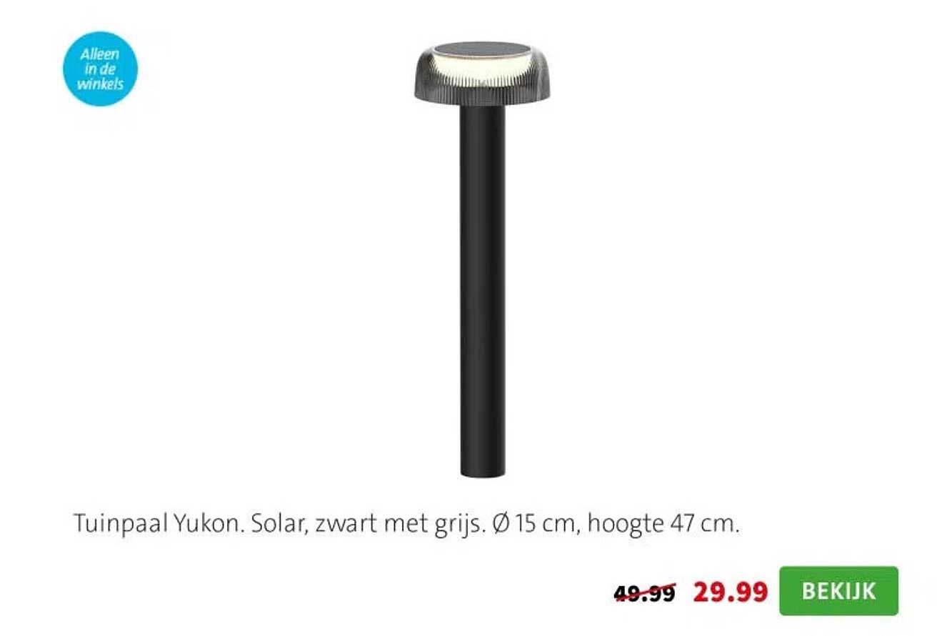 Tuinpaal Yukon. Solar, zwart met grijs. Ø 15 cm, hoogte 47 cm.