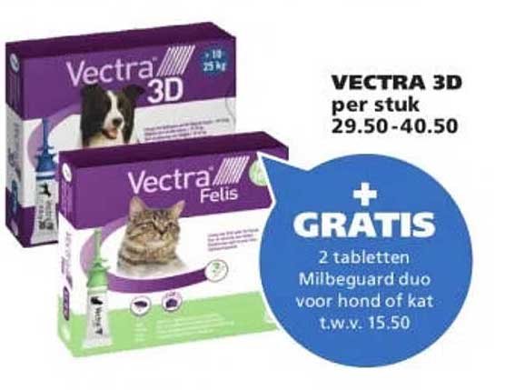 VECTRA 3D per stuk + GRATIS 2 tabletten Milbeguard duo voor hond of kat t.w.v. 15,50