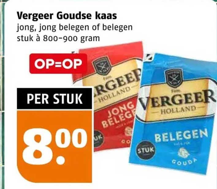 Vergeer Goudse kaas jong, jong belegen of belegen stuk à 800-900 gram OP=OP PER STUK