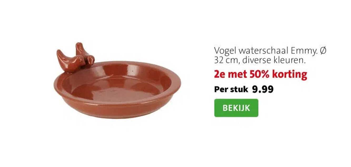 Vogel waterschaal Emmy. Ø 32 cm, diverse kleuren. 2e met 50% korting