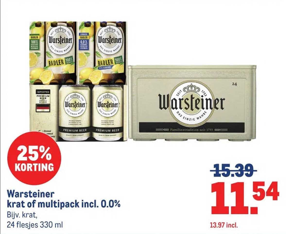Warsteiner krat of multipack incl. 0.0% 25% korting