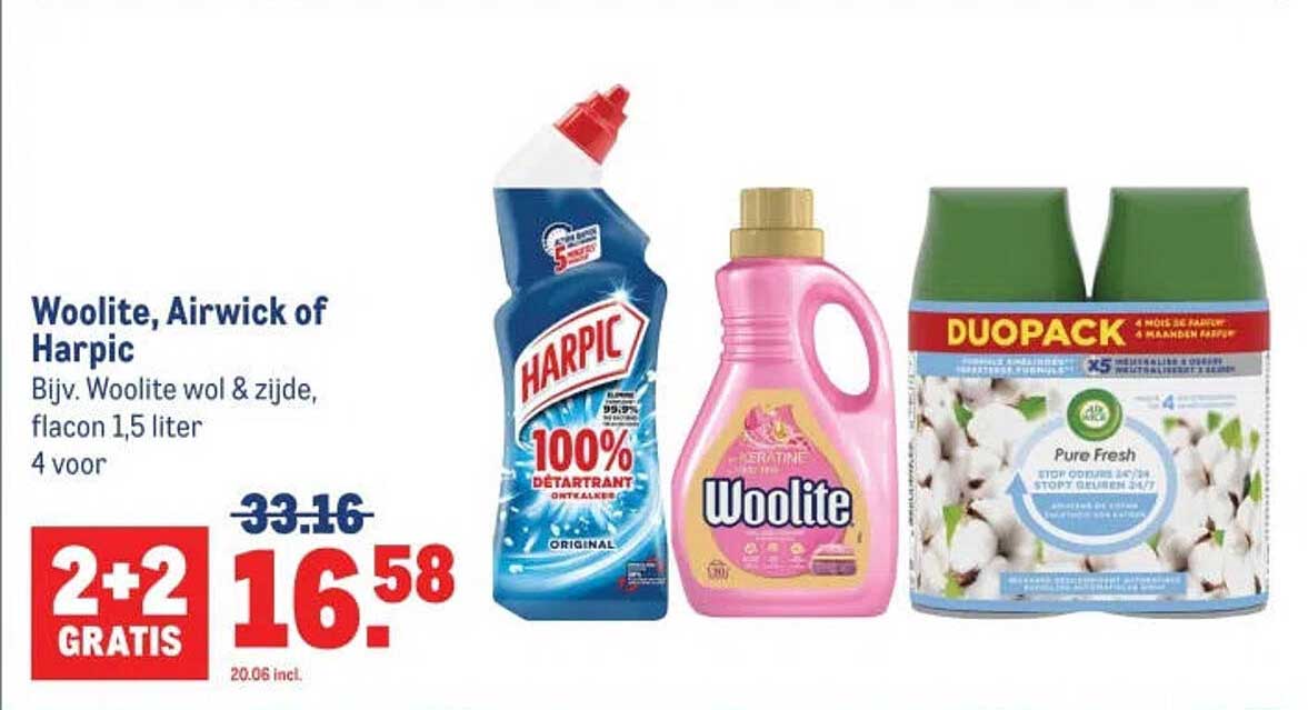 Woolite, Airwick of Harpic Bijv. Woolite wol & zijde, flacon 1,5 liter 4 voor 2+2 gratis