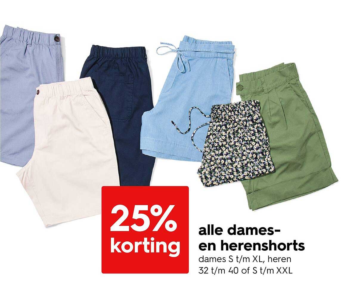 25% korting op alle dames- en herenshorts