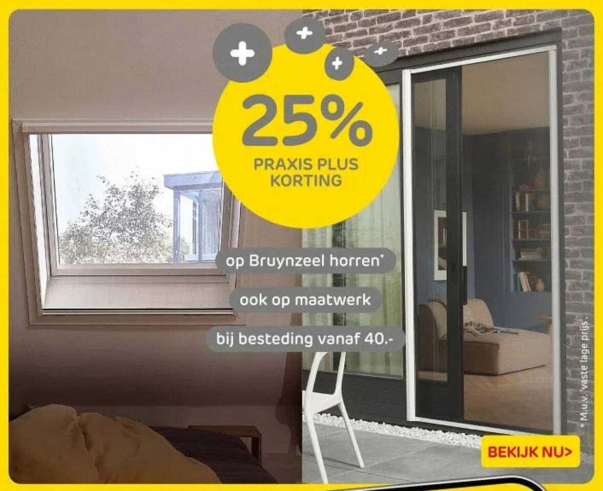 25% PRAKIS PLUS KORTING op Bruynzeel horren ook op maatwerk bij besteding vanaf 40.-