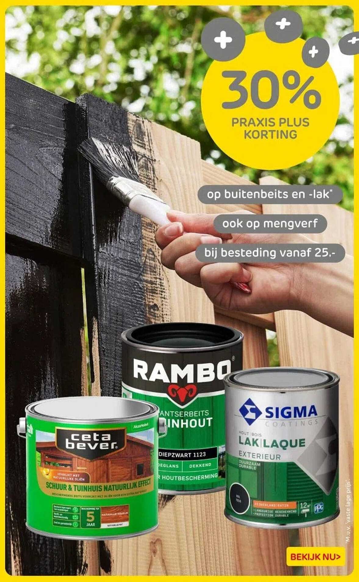 30% PRAKIS PLUS KORTING op buitenbeits en -lak* ook op mengverf bij besteding vanaf 25,-