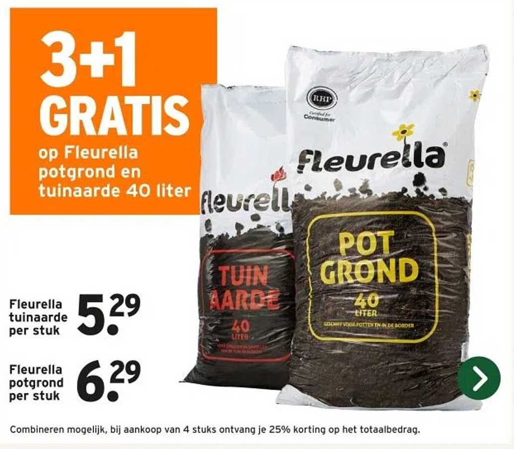 3+1 GRATIS op Fleurella potgrond en tuinaarde 40 liter